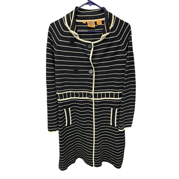 Tory Burch 100% Wool Knit Stripe Sweater Dress Black Cream L Long Sleeve - Picture 4 of 12